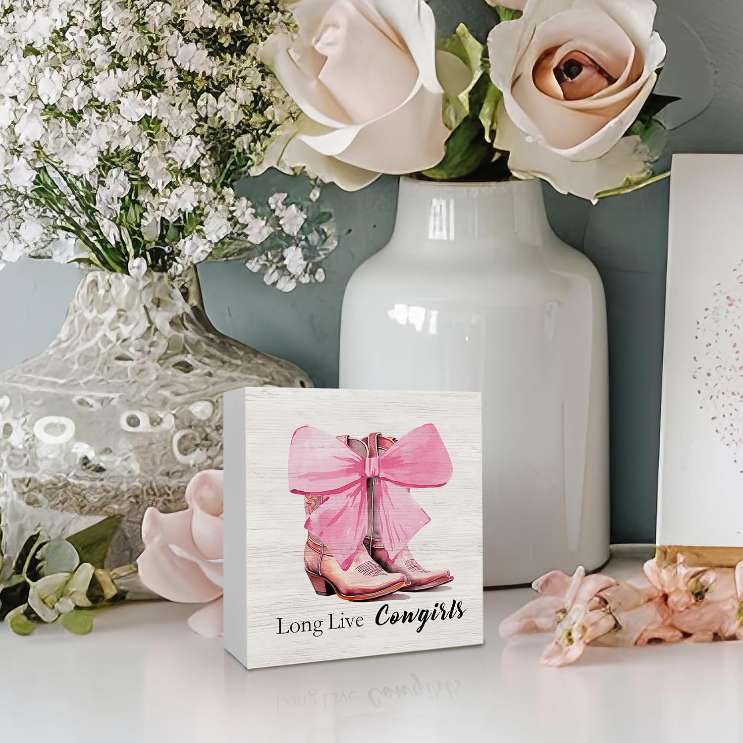 Long Live Cowgirls Wooden Box Sign, Pink Bow Decor, Preppy Western Decorative Sign for Teen Girls Room Dorm, Pink Cowgirl Boot Shelf Decor 5x5 Inch image 2