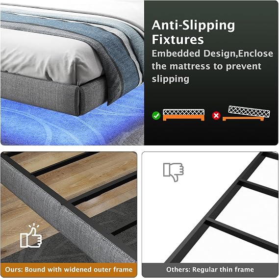 RVONOW Floating Double Bed Frame with LED Lights, 135x190cm Metal Platform Bed Frame with Under Bed Storage, Heavy Duty Steel Slats Support, No Box Spring Needed, Noise Free, Easy Assembly, Grey