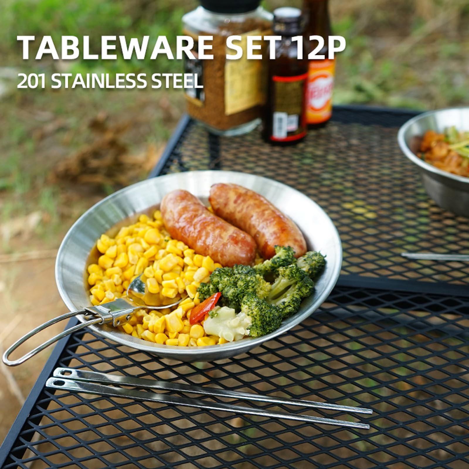 Leichtes 12-teiliges Camping-Essgeschirr-Set aus Edelstahl – tragbar und wiederverwendbar. Ideal für Camping, Wandern und Picknicks. Platzsparend und einfach zu verpacken