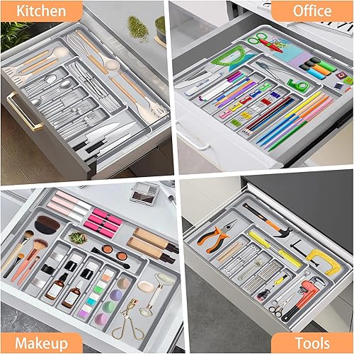Miniatura 9 de Organizador de cubiertos expandible para cajones de cocina, organizador ajustable de 22 x 19 pulgadas, organizador de utensilios con patas de goma,