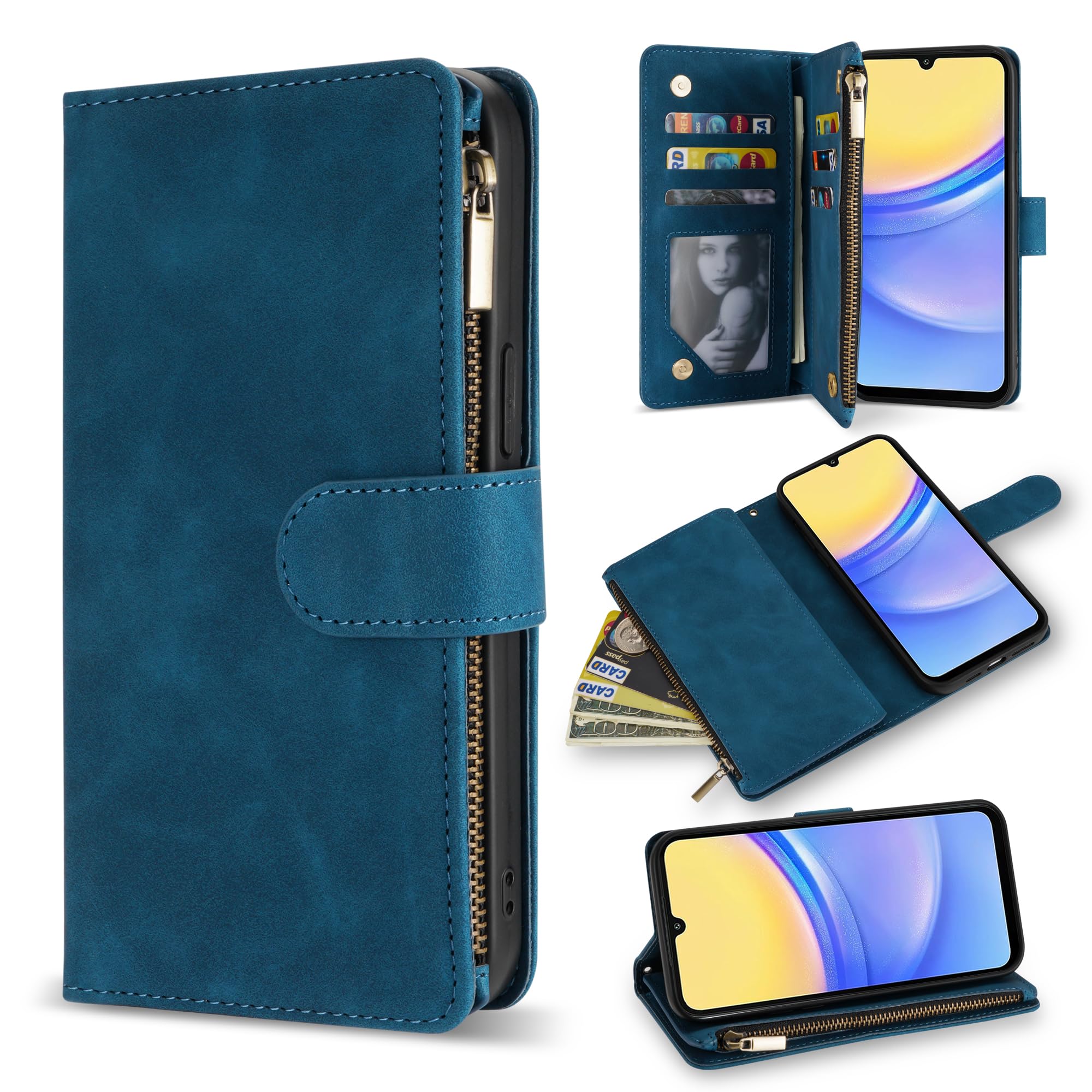 ZZXX for Samsung Galaxy A15 5G Wallet Case with RFID Blocking Card Slot PU Leather Zipper Flip Folio with Strap Kickstand Protective Cover for Samsung