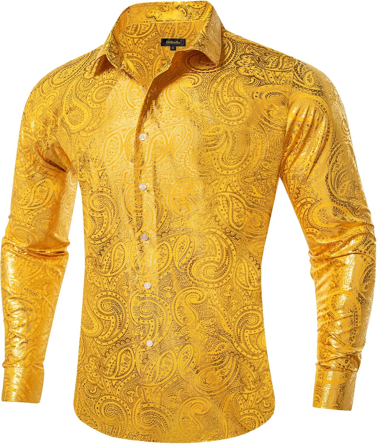 DiBanGu Mens Paisley Dress Shirt Luxury Printed Long Sleeve Button Down Shirts Regular Fit Shiny Shirts for Wedding Prom