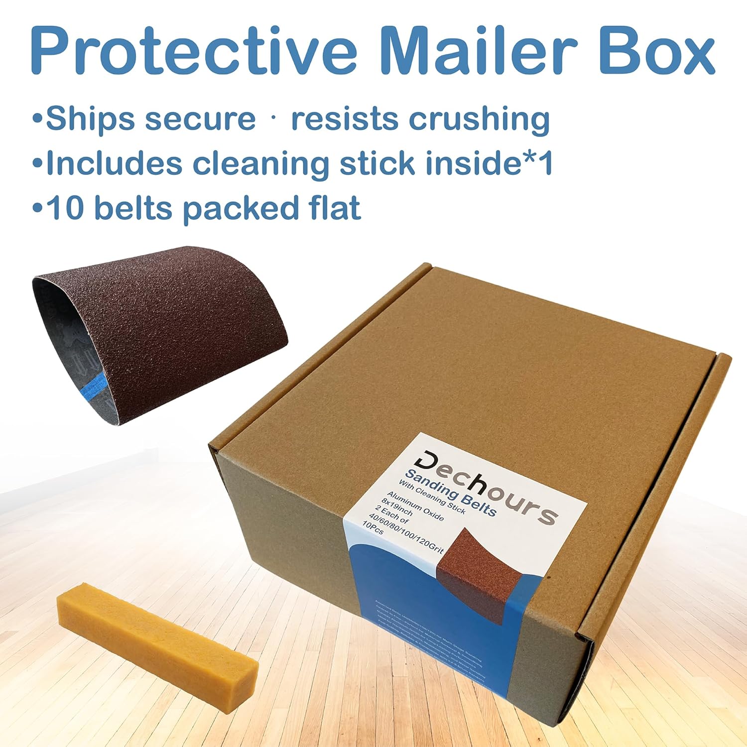 with Cleaning Stick | 8 x 19 Inch Sanding Belts, Assorted 40/60/80/100/120 Grit (10 Pack), EZ-8 Drum Sander Compatible, Aluminum Oxide Sandpaper for Hardwood Floor Sanding