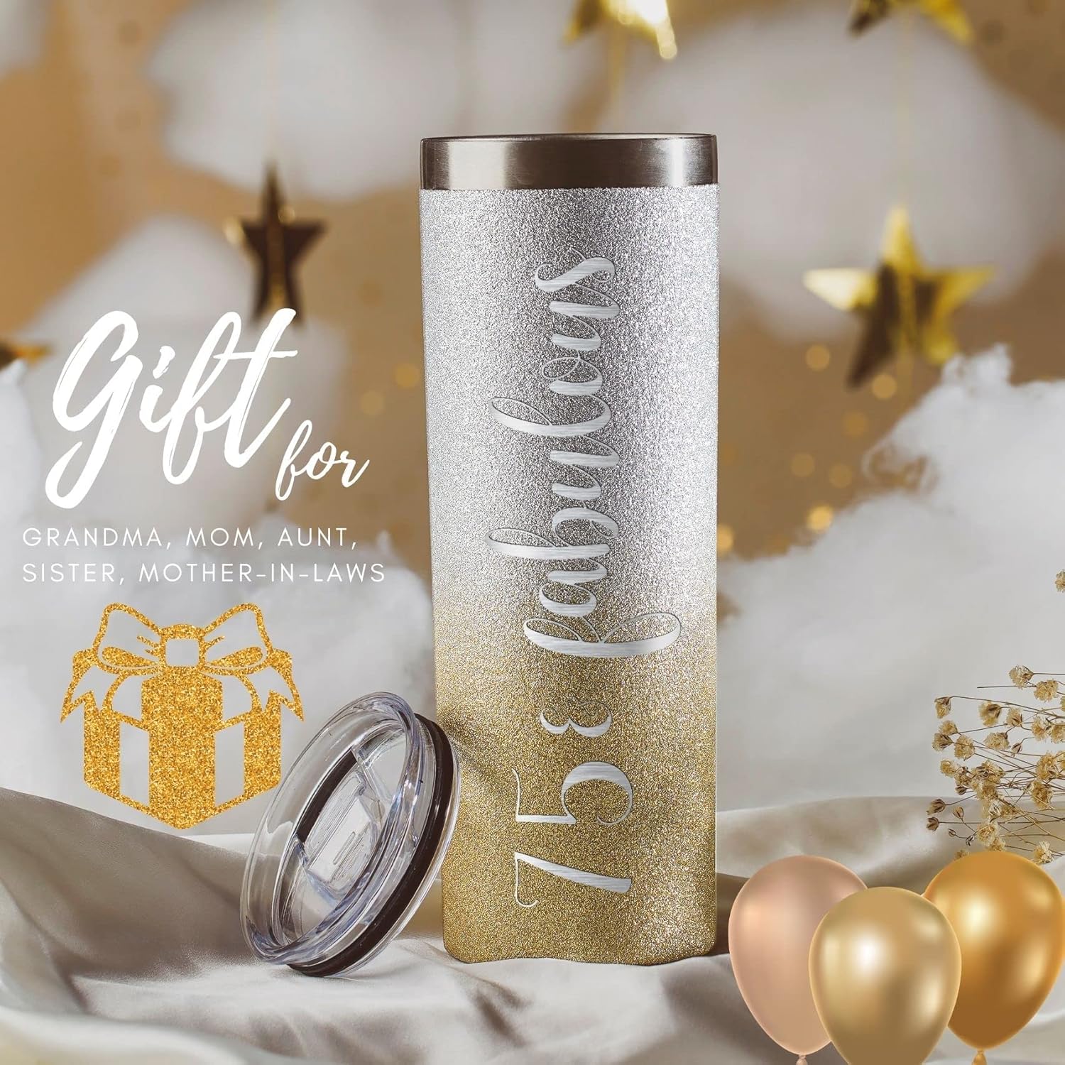 Onebttl 75 & Fabulous 20 Oz Insulated Stainless Steel Wine Tumbler, 75th Birthday Gifts for Grandma, Mom, Glitter Gold - Image 6