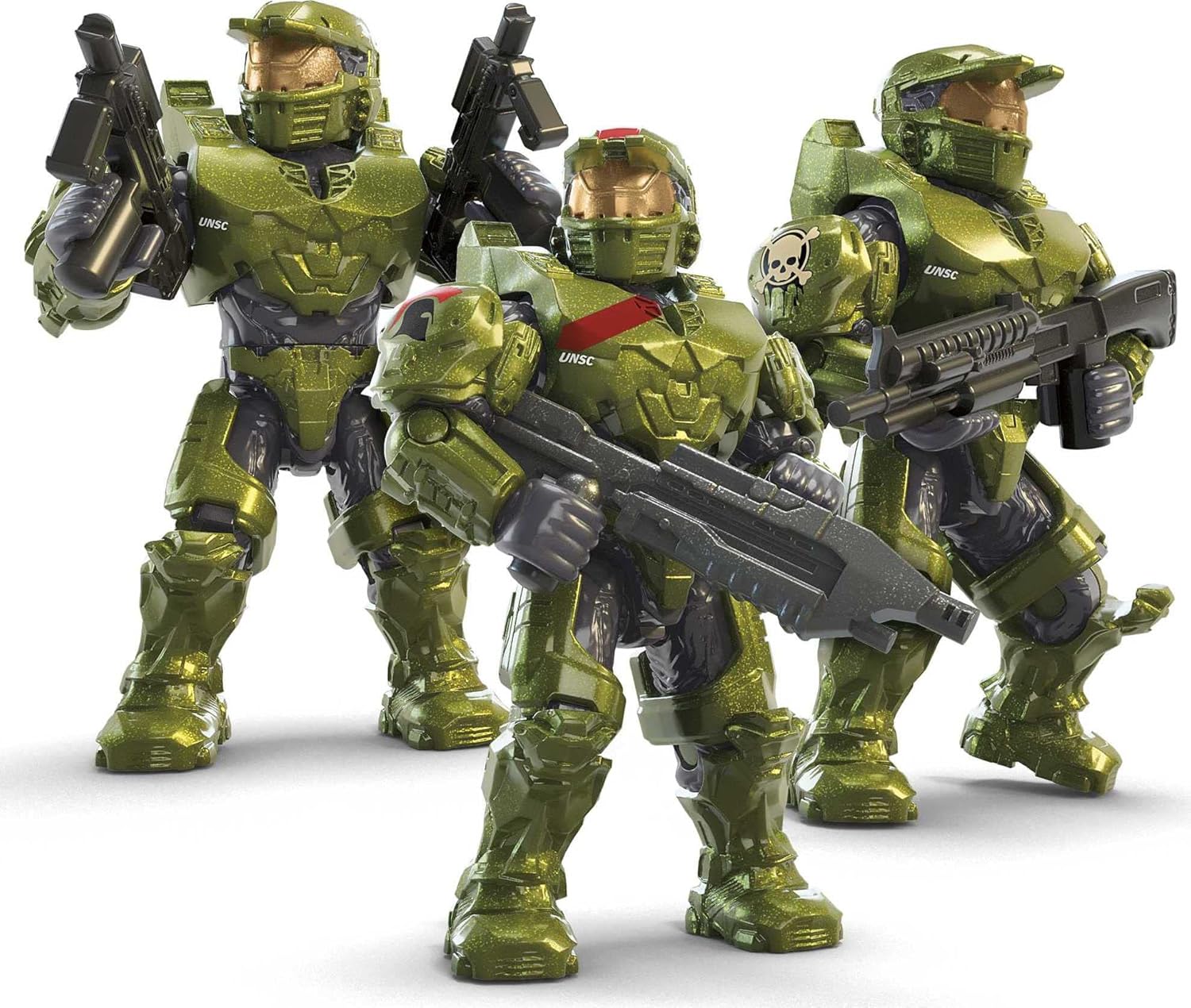 Three Spartan micro action figures standing in various combat poses.