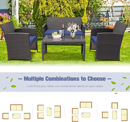 Miniatura 4 de RELAX4LIFE Juego de muebles de patio de 4 piezas con cojines, juego de conversación de patio con sillas, sofá biplaza y mesa de centro de vidrio