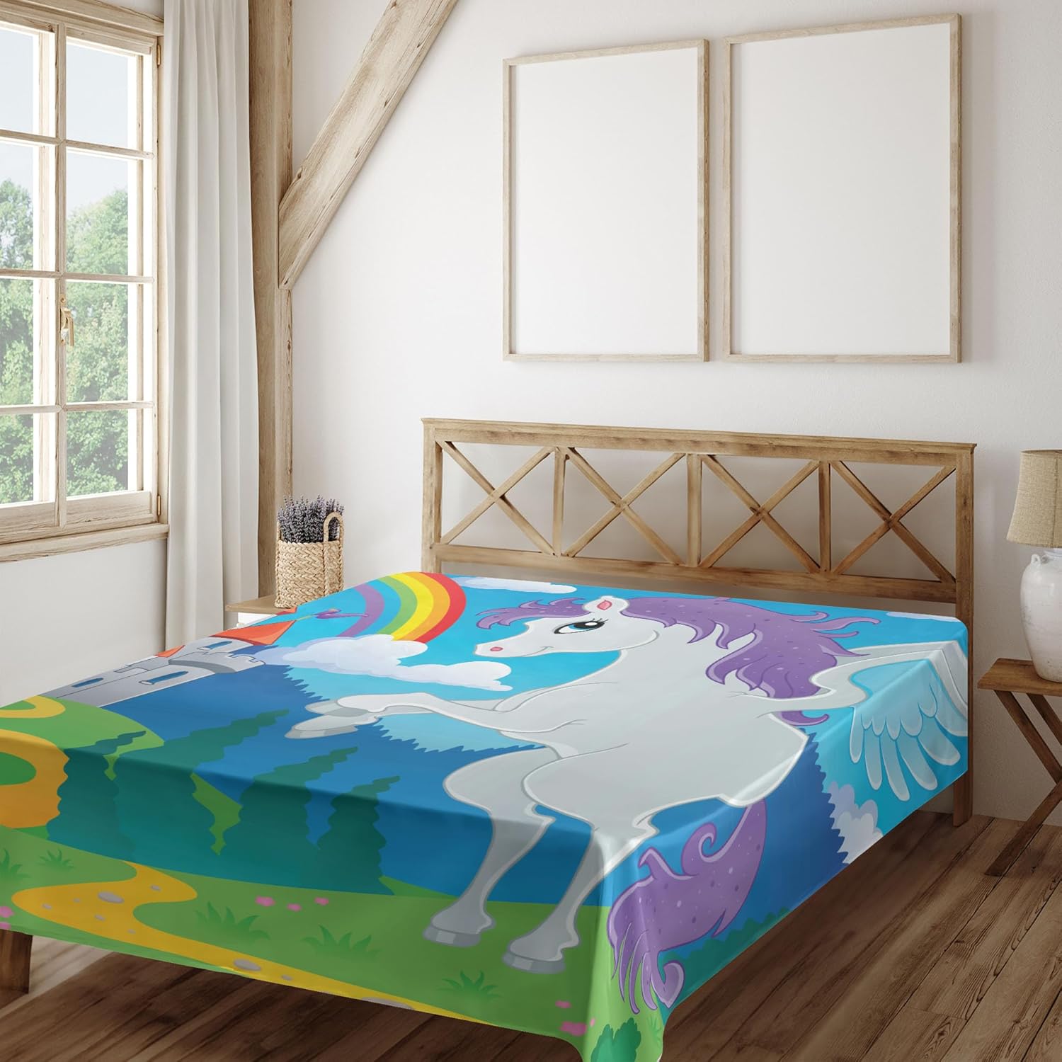 Ambesonne Fantasy Flat Sheet, Surreal Mythical Unicorn Rainbow and Medieval Castle Cartoon Design, Soft and Comfortable Top Sheet Decorative Bedding 1 Piece, Full Size, Multicolor