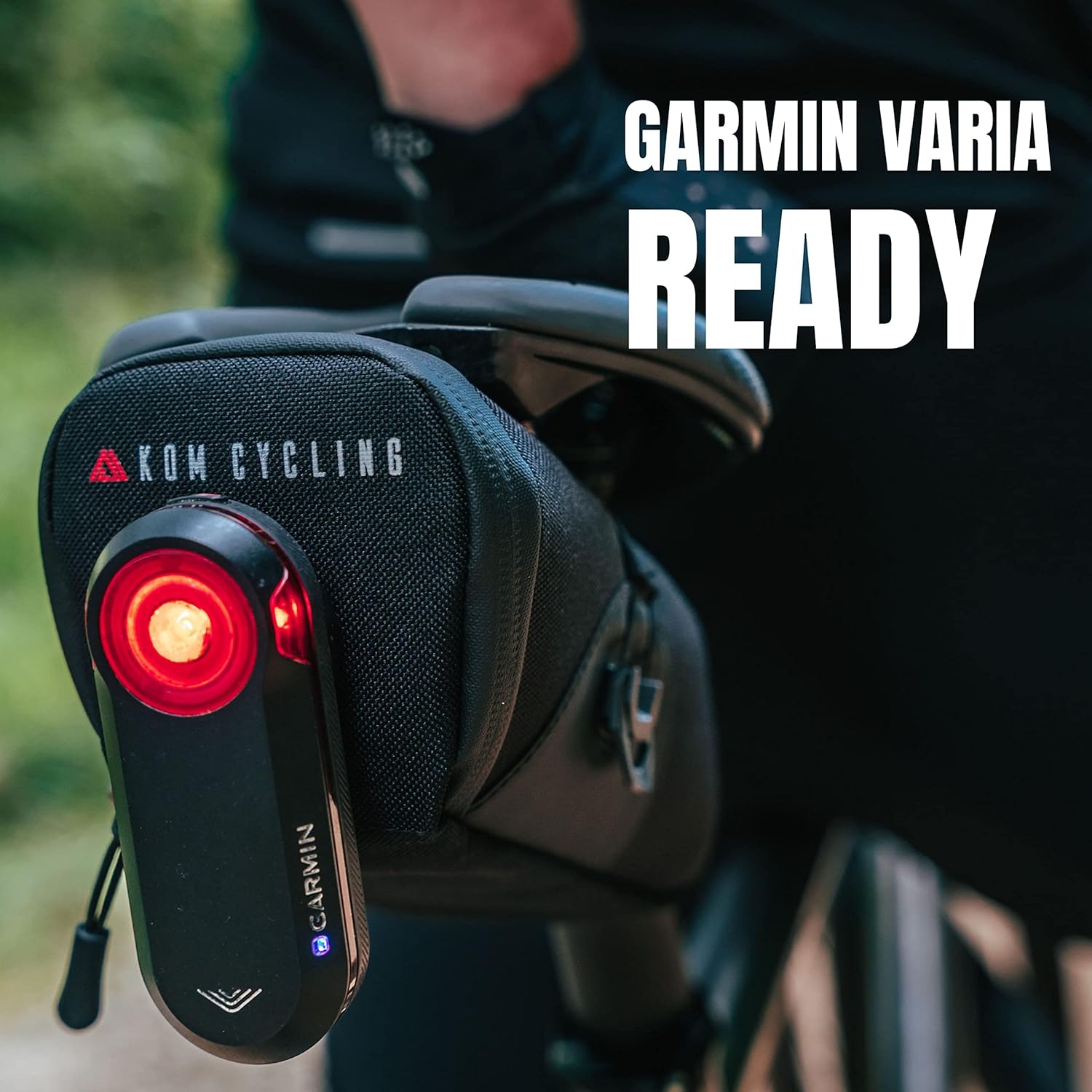 KOM Cycling Saddle Bag - Bike Saddle Bag to Carry Multi-Tool, Tube, Tire Levers, Securely Under Bike Seat Featuring for Garmin Varia Mount, ATOP Lacing Dial, and Inner Pocket for Apple AirTag.