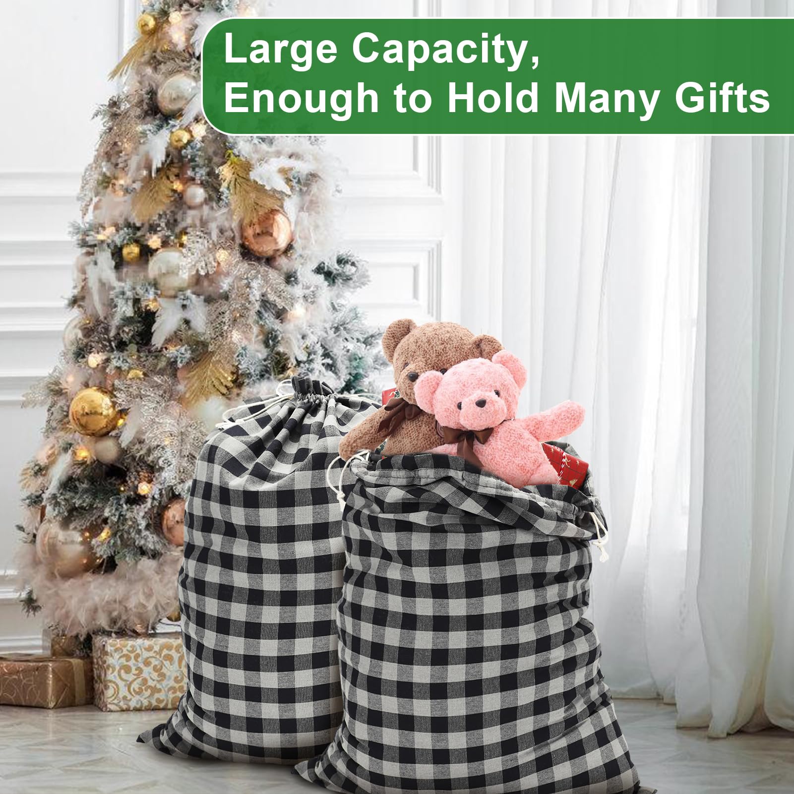 Cosweet Reusable Large Gift Bags With Drawstring, 27" × 20" Xmas Black White Buffalo Plaid Santa Bags, Christmas Canvas Wrapping Bags For Storing Kids Presents, 2 Pcs