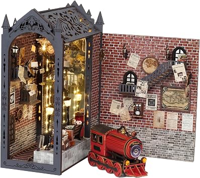 suruim DIY Book Nook Kit Bookend Puzzle Miniature Nook Library Bookshelf Insert Bookends Decoration Books Ornaments Gifts for Adults Train Station