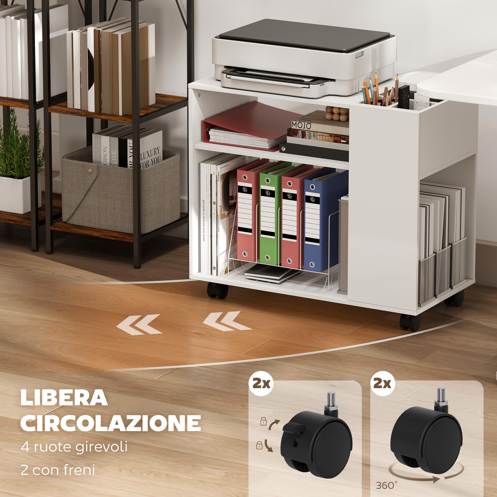 HOMCOM Mobile per Stampante con Ruote, Mobile Ufficio Multiuso con Vani Aperti, Ripiano e Scomparto, Comodino per Soggiorno, Camera, Studio e Ufficio, 70x36x60 cm, Bianco