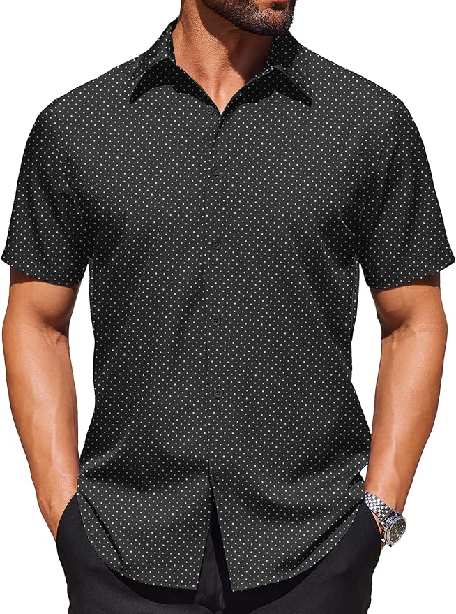 COOFANDY Mens Wrinkle Free Dress Shirt Polka Dot Short Sleeve Button Down Business Casual Shirts