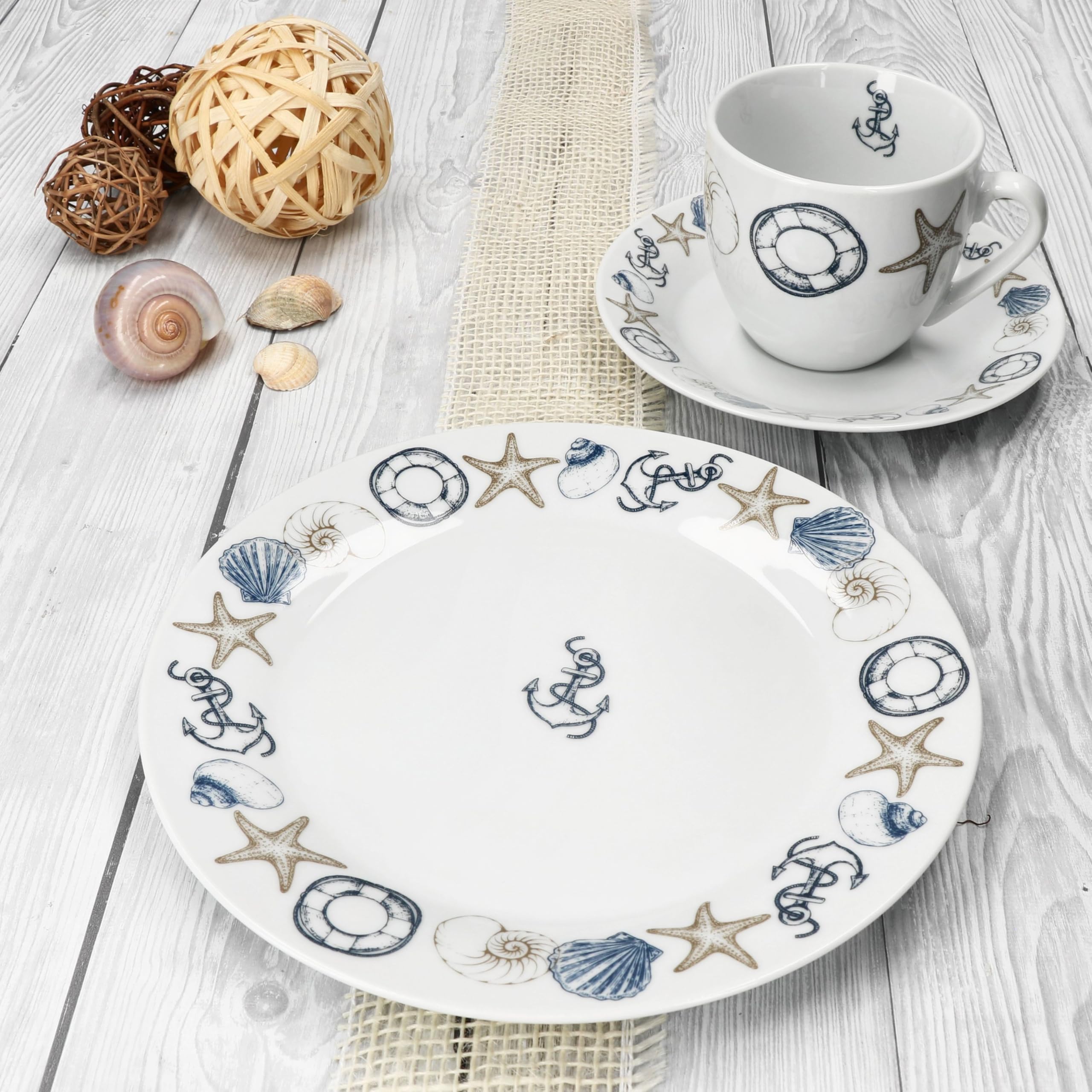 MamboCat Neptun Service à café 18 pièces I Vaisselle en porcelaine avec motifs maritimes Ancre, Coquillage & Co pour 6 personnes I 6 tasses de 200 ml, soucoupes et assiettes pour petit déjeuner et