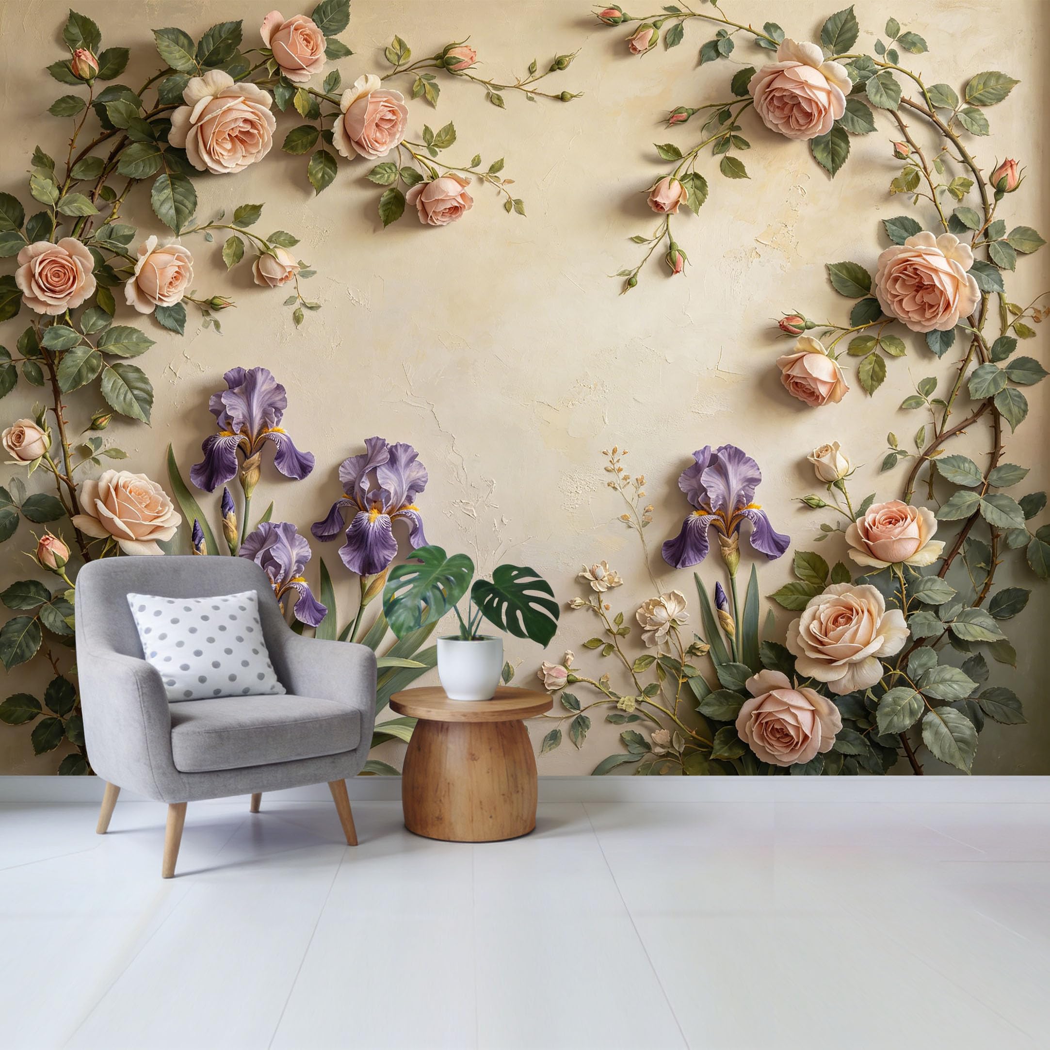 Qzlithotic Yq2605250519 Custom Size Wall Mural Elegant Pastel Pink Roses Purple Iris Flowers Watercolor Botanical Art Selfadhesive Wall Fabric Removable Wallpaper For Home Office Decor