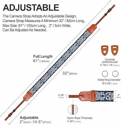 Miniatura 5 de Padwa Lifestyle Correa para cámara, correas de piel de vaca de 2 pulgadas para fotógrafos, correas de hombro ajustables de algodón tejido jacquard