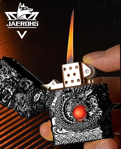 Miniatura 8 de Encendedores fríos, encendedor antiguo de dragón tallado a prueba de viento, rueda abrasiva de queroseno reutilizable para colección, decorativo,