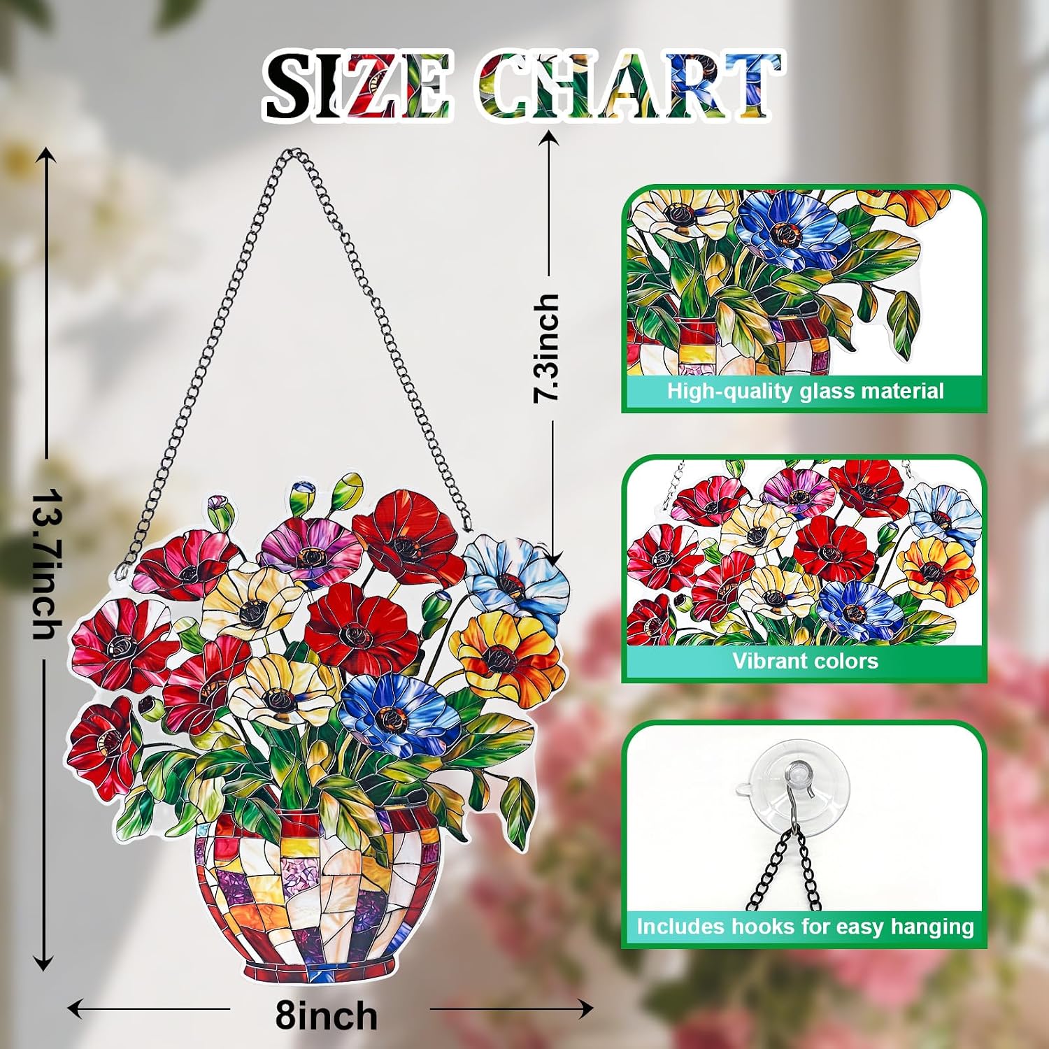 Flower Stained Glass Window Hanging, 8" Sun Catchers for Windows Hanging Ornaments, Garden Sun Catcher Panel Gifts for Flower Lover for Women, Mom, Grandma