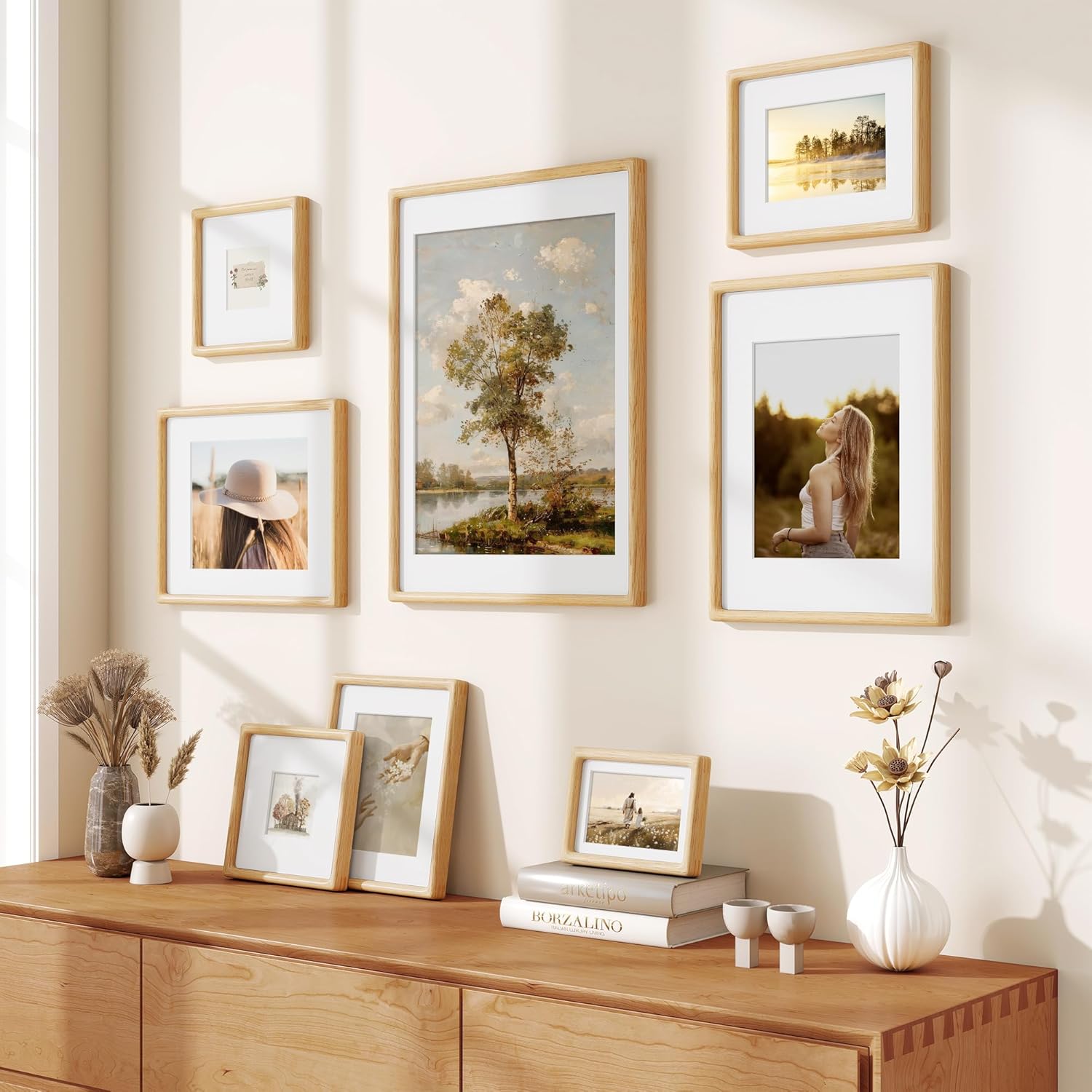 Acovy 5x7 Solid Wood Picture Frame, Natural White Oak Wood Photo Frame with Tempered Glass, Mortise and Tenon Rounded Corner 5 x 7 Wooden Frame Matted to 4x6 Photos, Wall or Tabletop Display