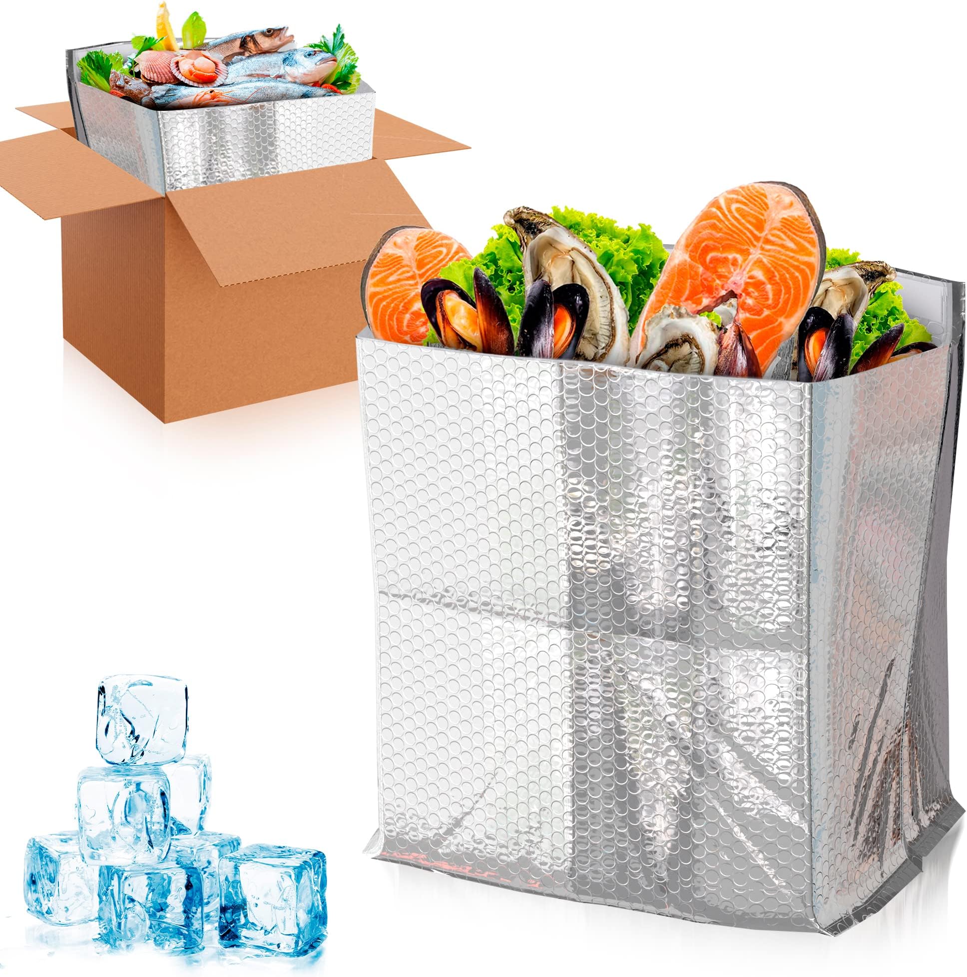 ABC PACK & SUPPLY 100 Pack Silver Foil Insulated Box Liners 8 x 8 x 8 inches. Shipping Boxes for Frozen Food, Odorless Insulated Containers. Leakproof Cold Shipping Boxes for Frozen Fish, Meat