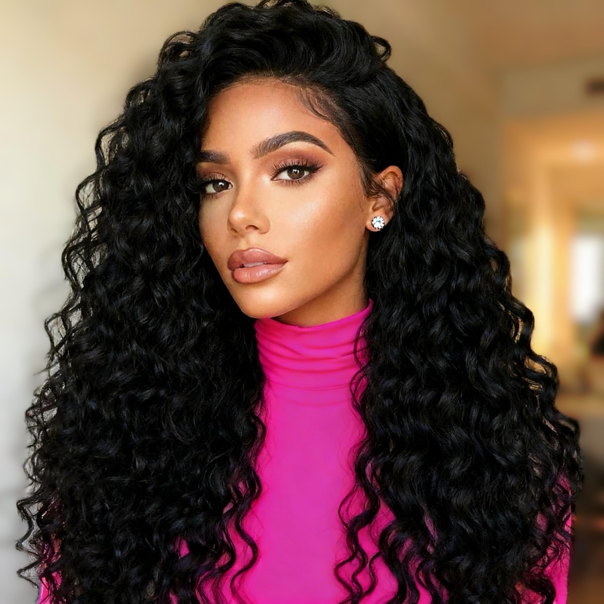 Half Wig Human Hair Deep Wave 18 Inch 3 In 1 Curly Human Hair Half Wigs for Black Women Drawstring Seamless Flip Over Wear and Go Glueless Wigs Beginner Friendly 180% Density Natural Color