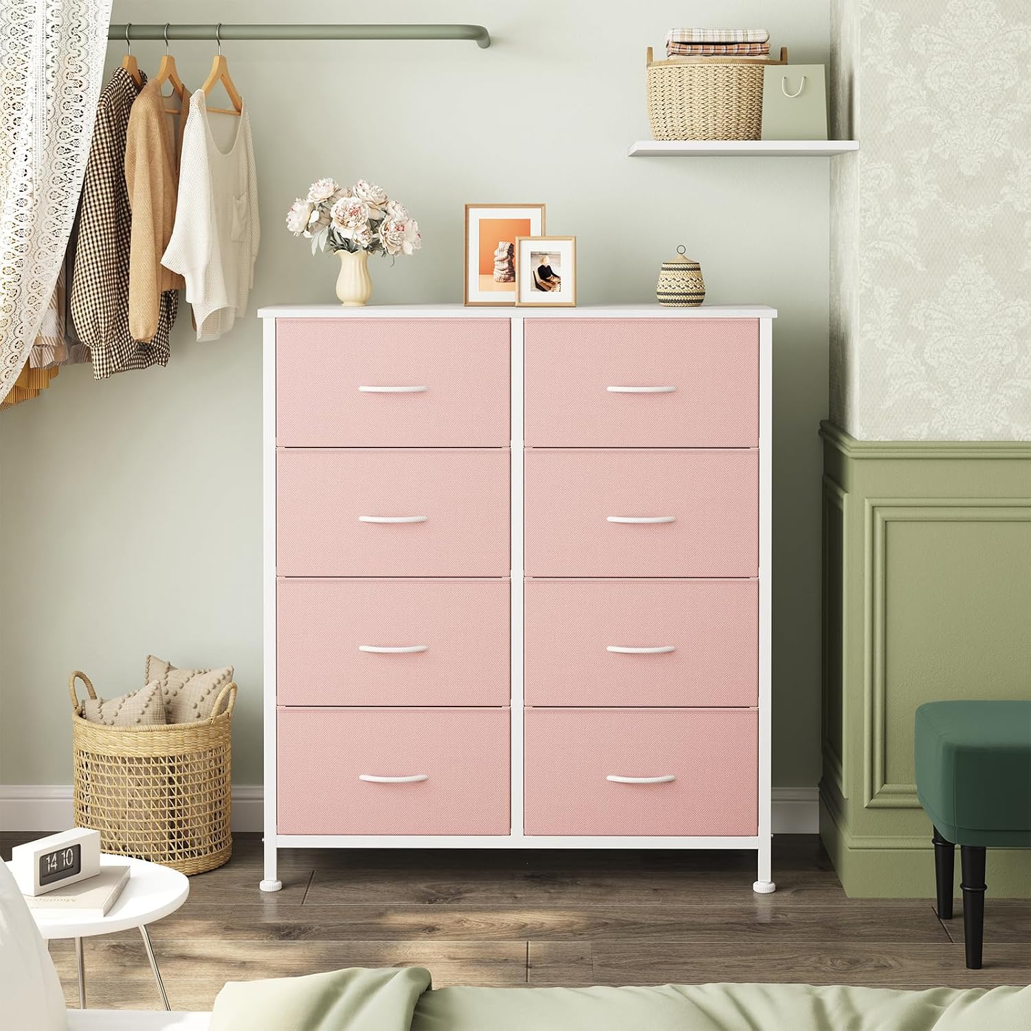  8 Drawer Fabric Dresser for Bedroom, Tall Dresser, Pink | Sturdy Chest of Drawers, Steel Frame and Wooden Top, Closet Living Room Storage Organizer with Easy Pull Handles thumbnail