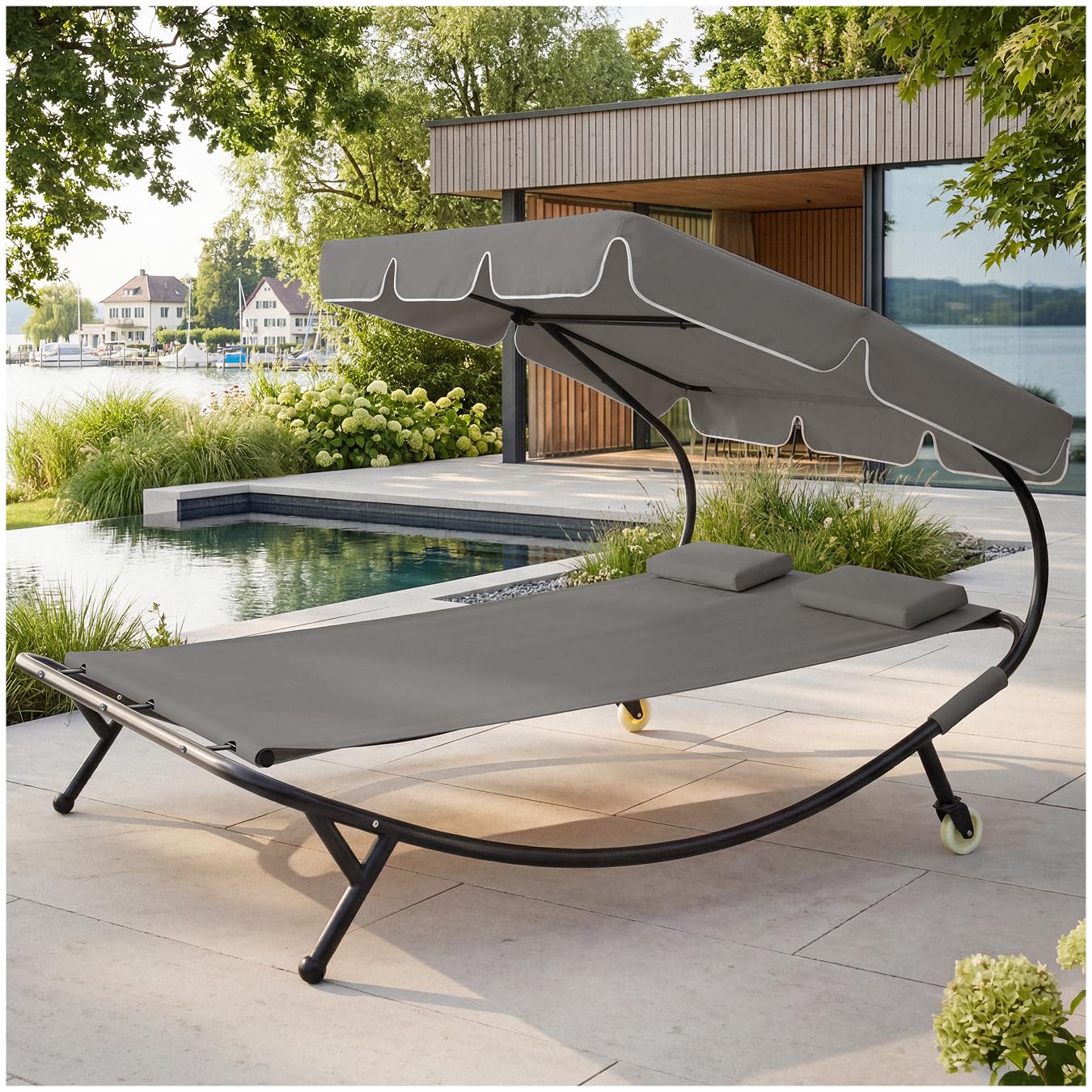 tectake® Double Hammock Sun Lounger with Canopy & 2 Head Pillows, Outdoor Garden Daybed for 2, Easy Assembly, Water-Repellent Garden Furniture, Sturdy Metal Frame with 2 Wheels, Max Load 250kg - Grey