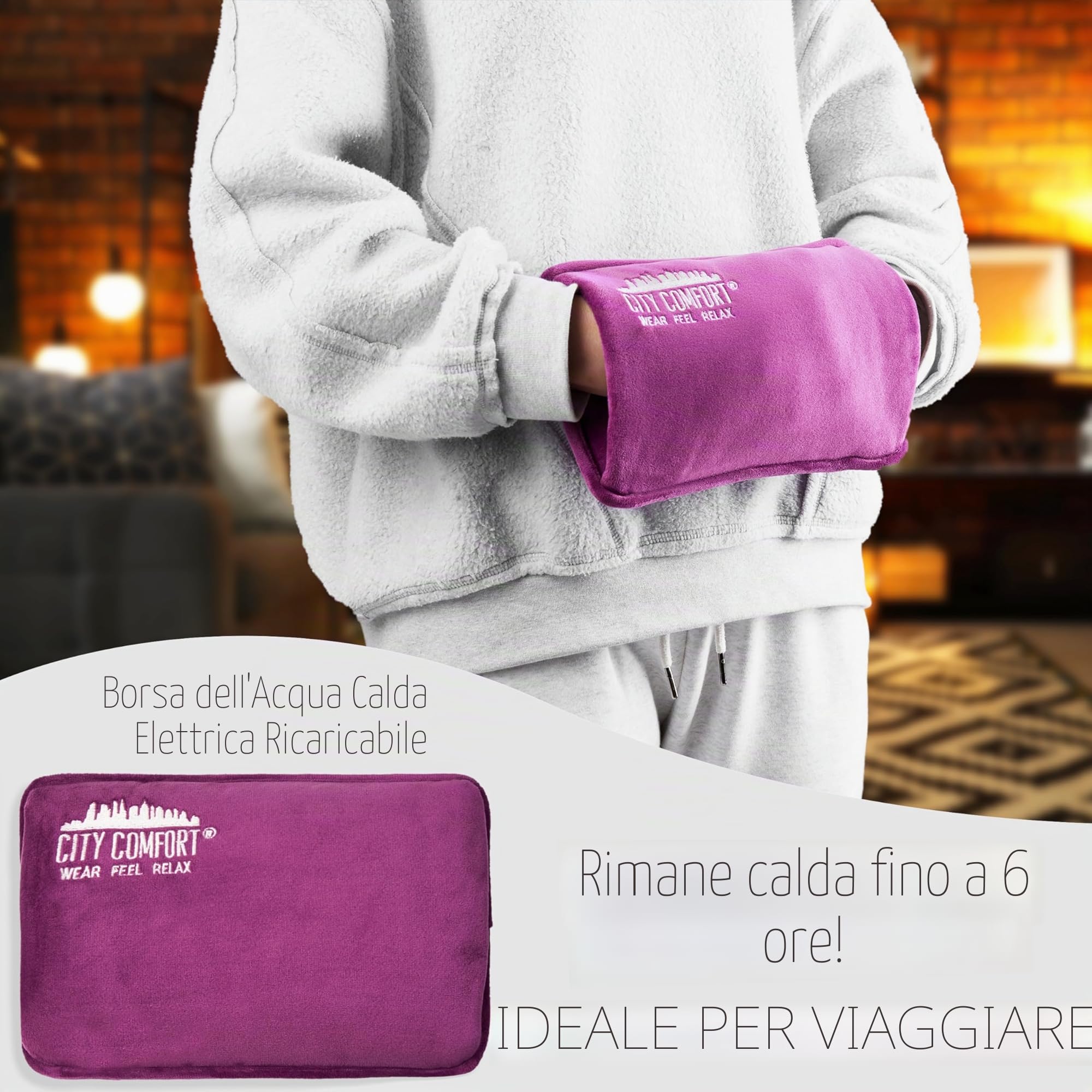 CityComfort Borsa Acqua Calda Elettrica Scaldino Elettrico Ricaricabile Morbida Copertura Boule Scaldamani Piedi Ciclo Relax Scaldotto Portatile (Viola)