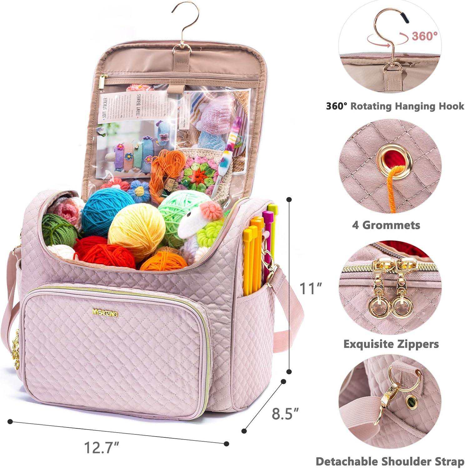 MYBAGZING Crochet Bag Organizer - Quilted Storage Bag with Hanging Hook, Ideal for Knitting & Crochet Accessories