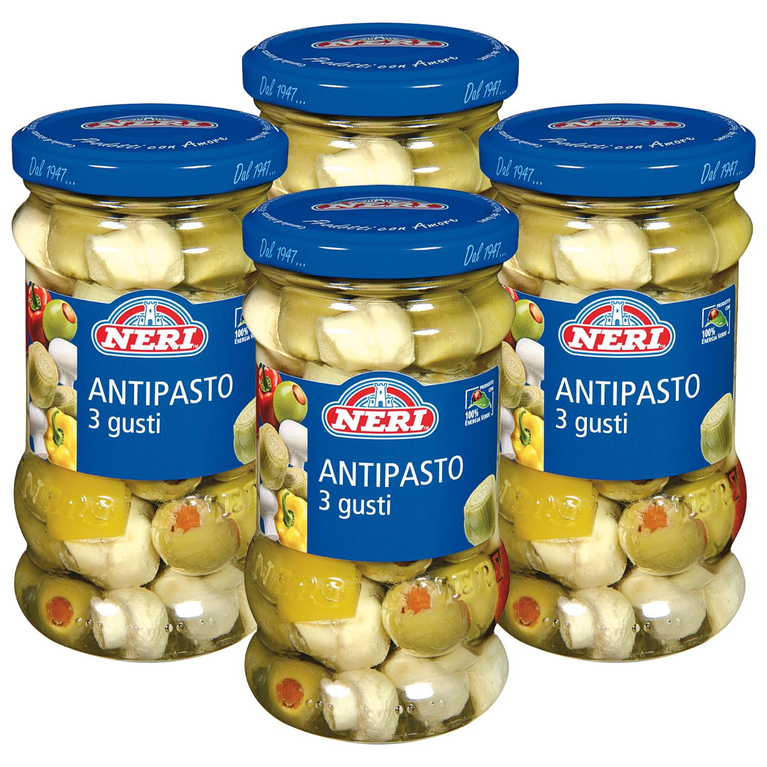 Neri Sottoli - Antipasto Tre Gusti - Ideale per Apertivi o come Contorno - Mix di Funghi coltivati, Olive farcite, Carciofi e Peperoni Rossi e Gialli - 4 confezioni da 290 g