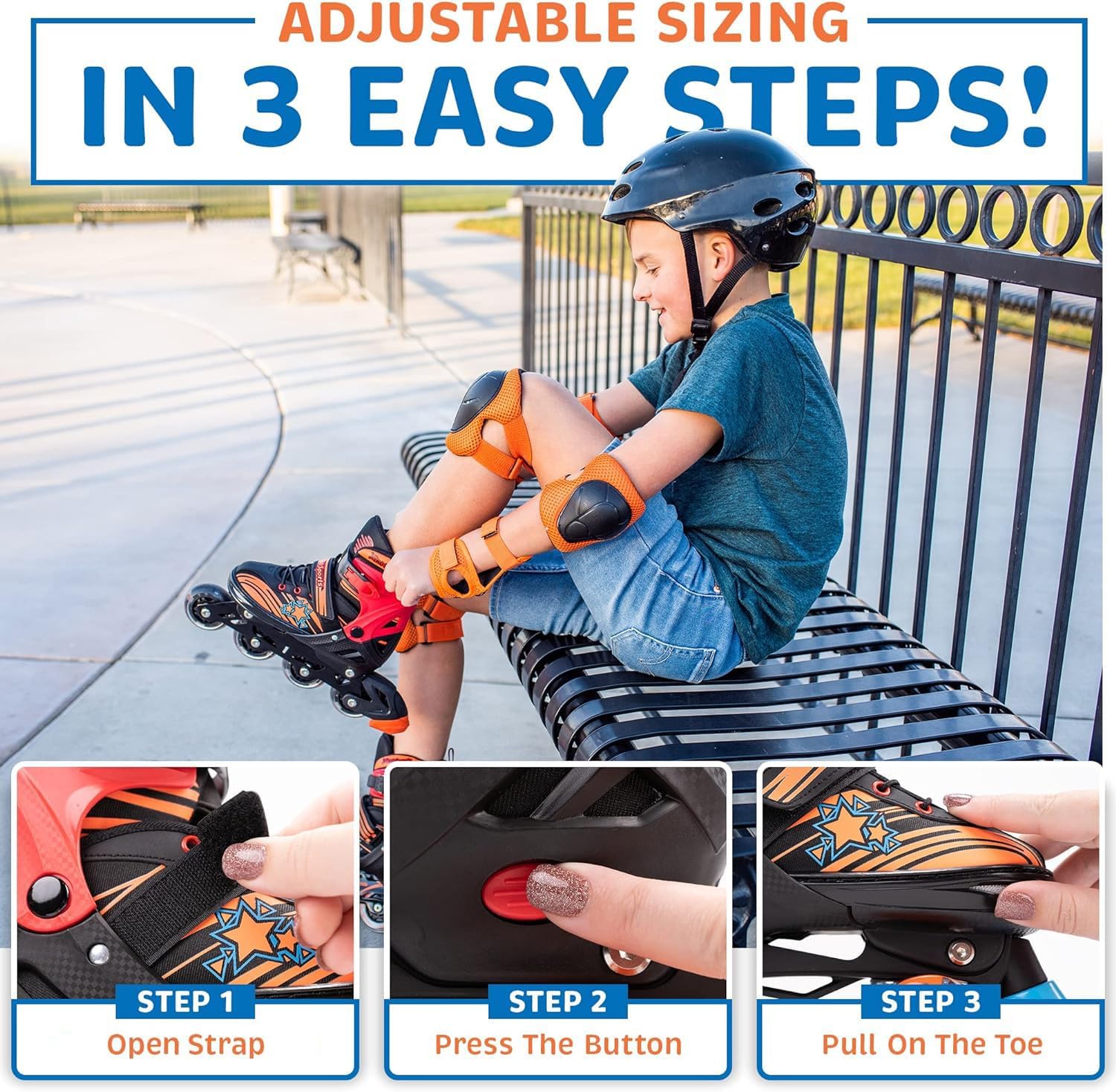 Orange Combo Skates (M) + Blue Protective Gear