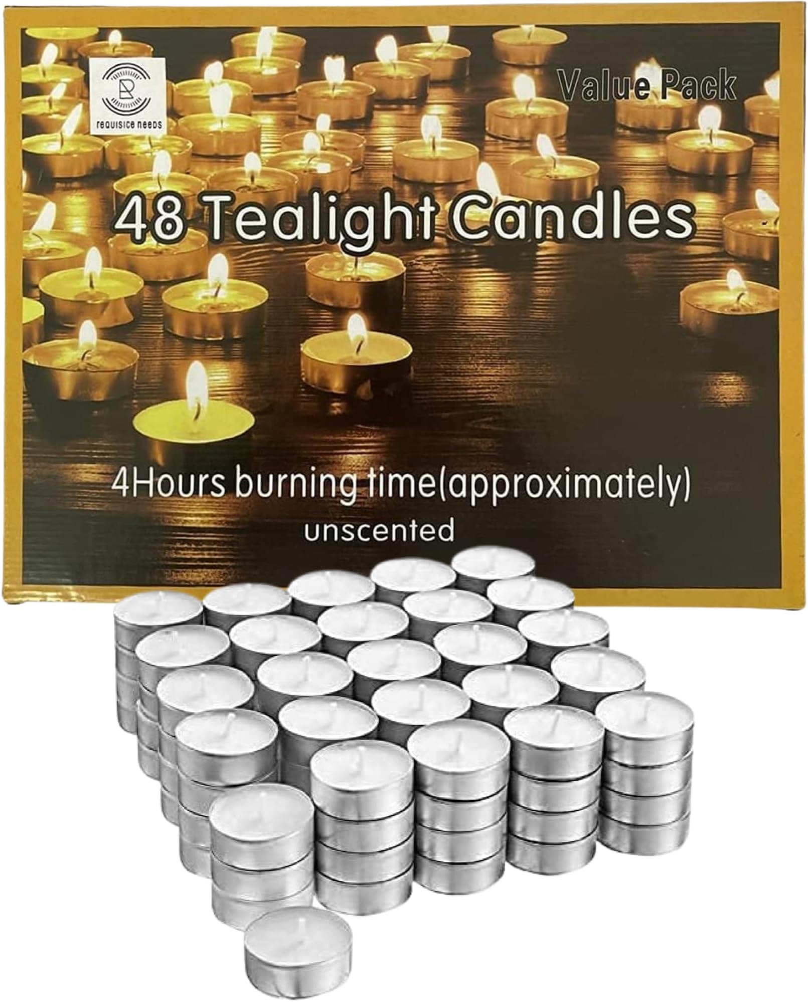 REQUISITE NEEDS Tea Lights 4 Hour Long Burn Night Unscented Light Candles[Pack of 48]