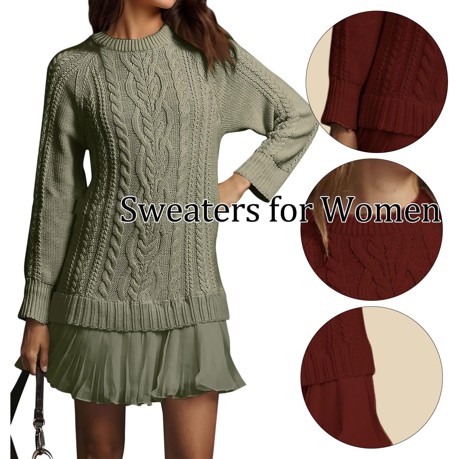 Mini Abito in Maglia a trecce con Scollo Rotondo da Donna, Abito in Maglia a trecce con Scollo Rotondo Casual e Maniche Lunghe, Completo Autunnale da Donna