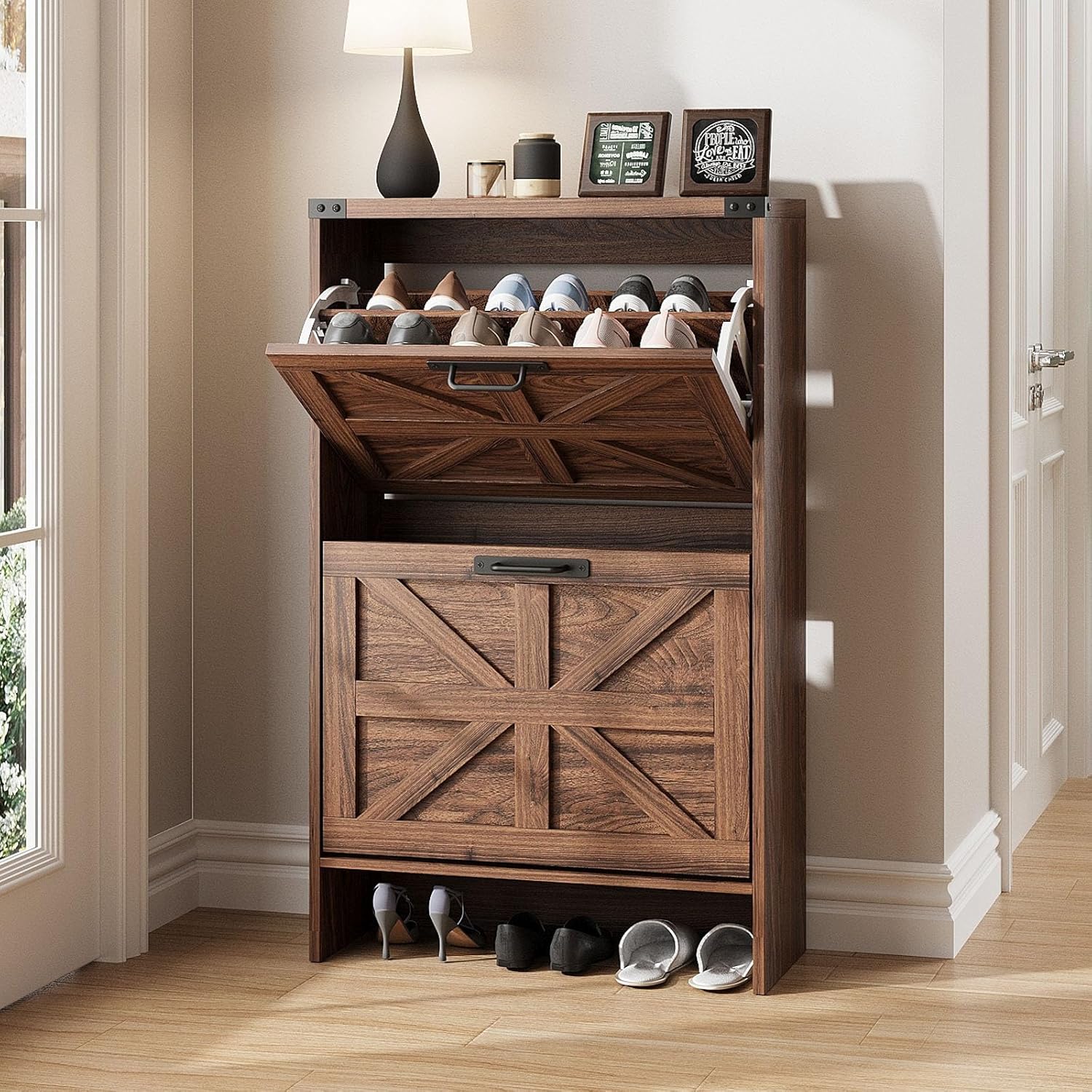 Halitaa Shoe Storage Cabinet for Entryway,Farmhouse Slim Shoe Cabinet with 2 Flip Drawers,Narrow Freestanding Organizer Storage Rack for Entrance,Hallyway,Dark Walnut