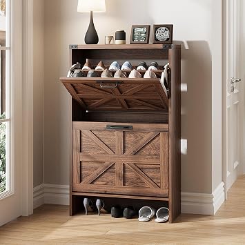 Halitaa Shoe Storage Cabinet for Entryway,Farmhouse Slim Shoe Cabinet with 2 Flip Drawers,Narrow Freestanding Organizer Storage Rack for Entrance,Hallyway,Dark Walnut