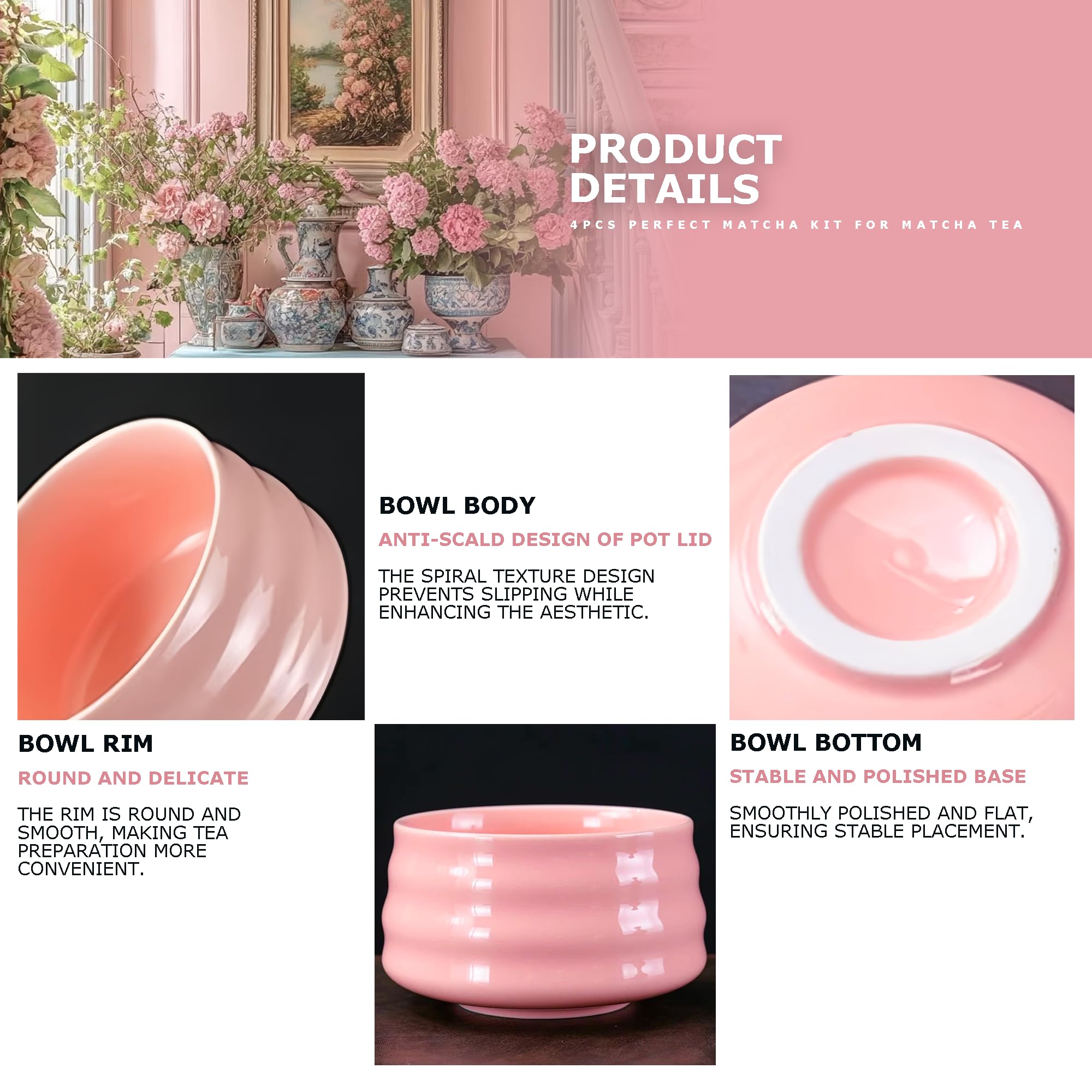 Pink Japanese Matcha Set – 4PCS Premium Ceramic Chawan Bowl, Bamboo Chasen Whisk, Stand & Scoop – Complete Kit for Traditional Matcha Tea Ceremony & Modern Brewing