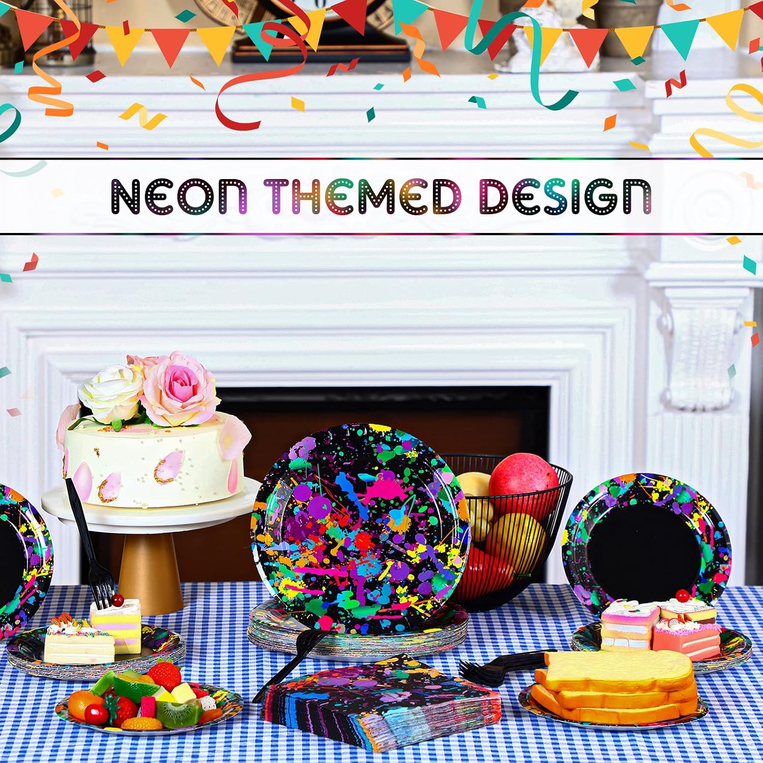 Baderke 192 Pcs Neon Glow Party Supplies Tableware Set, Including Napkins, Forks, Plates, Neon Birthday Party Decorations, Serves 48 Guests