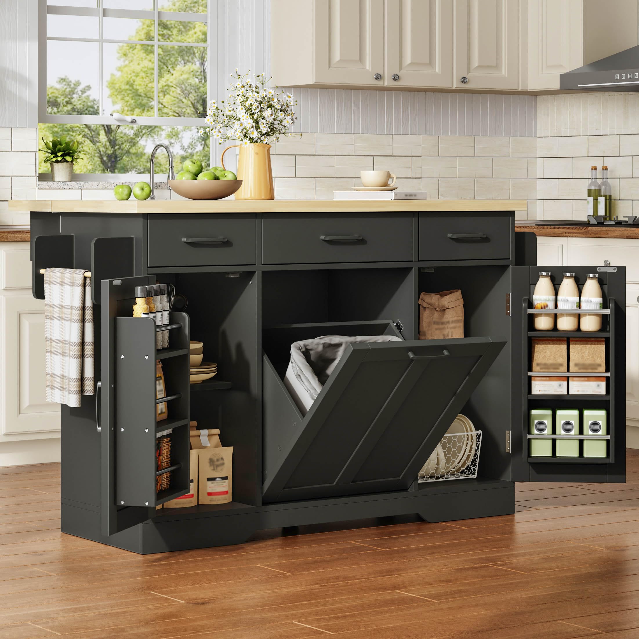 Küchenwagen, Kücheninsel mit Klapparbeitsplatte, Speisewagen Küchenschrank mit Rollen & Müllschrank, Mobile Buffetschrank Stauraumschrank mit Schubladen & Gewürzregal, 120x45(70)x87cm (Schwarz)