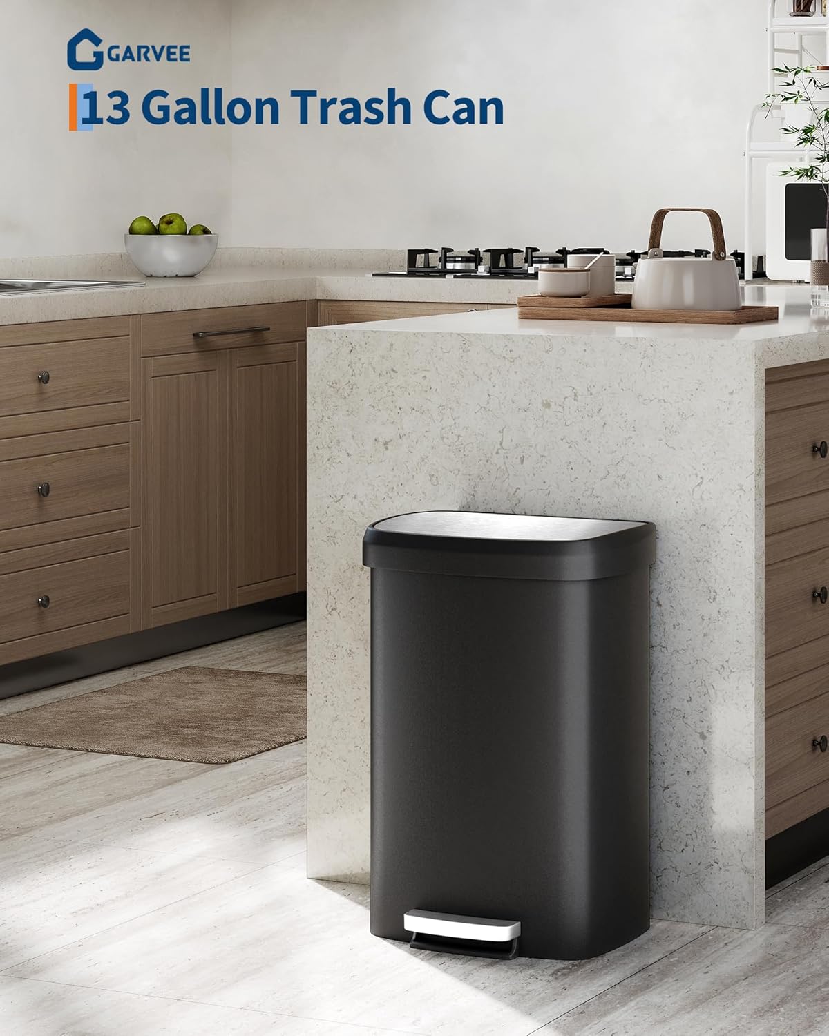 garvee 13 gal / 50 l plastic trash can with lid, large garbage can for kitchen, rustproof step-on kitchen trash bin with liner rim, rear handle, soft close lid, black