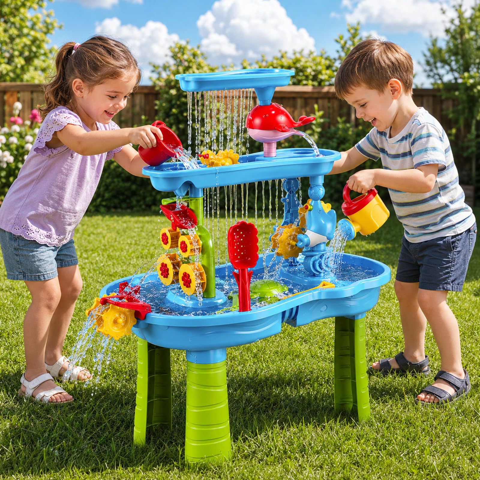 Sand and Water Table, 3-Tier Water Play Table with Stool & Rich Accessories for Toddlers, Kids Summer Beach Sensory Activity Playset, Outdoor Garden Play Water Pool Fun Toys for Boys Girls Ages 3-12