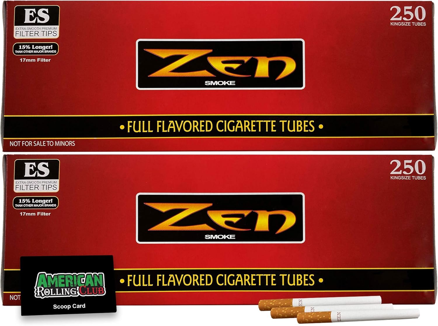Zen Cigarette Tubes | Regular - Red Box | King Size | 10 Pack | 2500 Tubes | Includes American Rolling Scoop Card