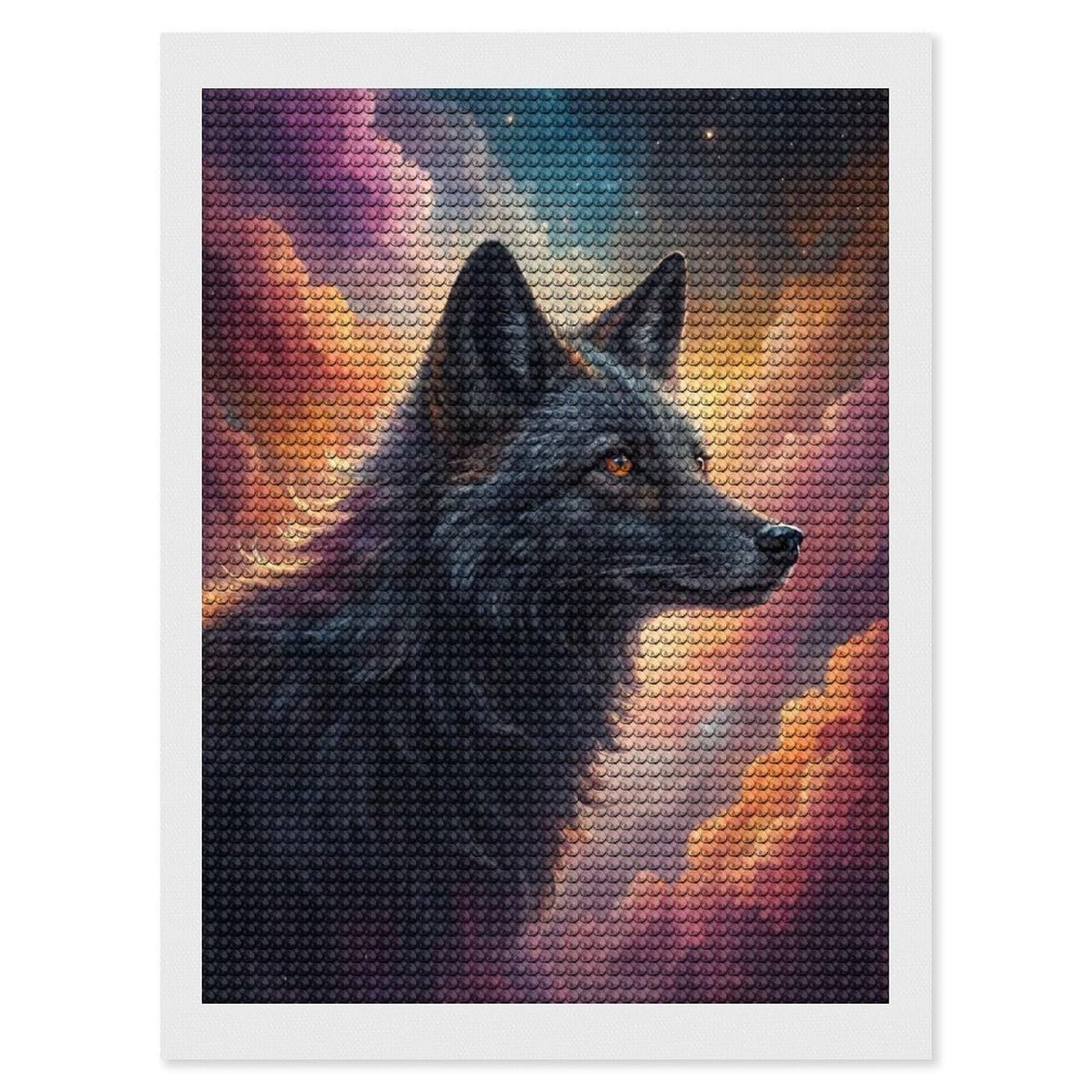 Junmoney Black Wolf in Cosmic Clouds DIY Diamond Art Canvas Kit 12"x16", Adhesive Canvas, Easy to Enjoy, Farmhouse Decor, Festive Craft Gift
