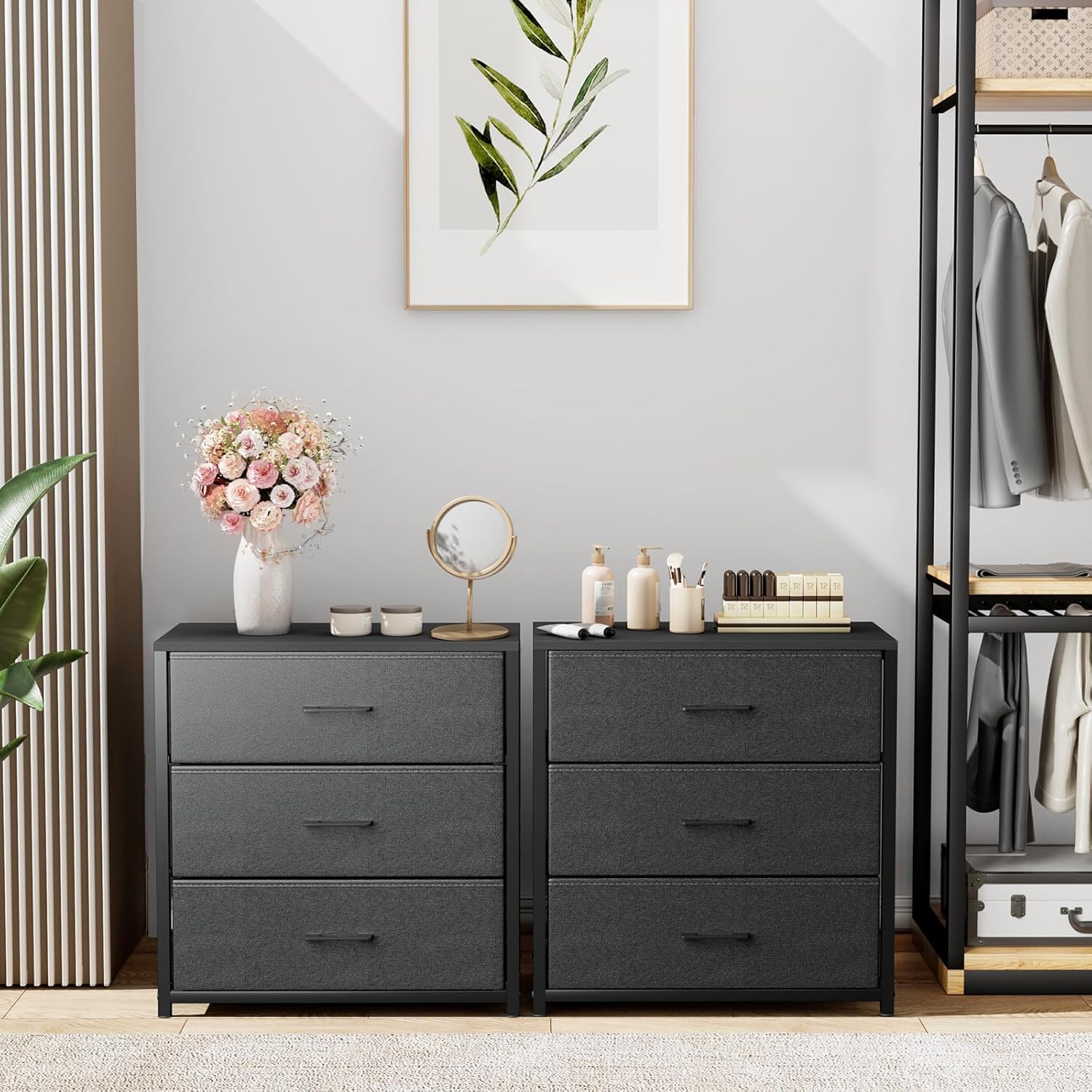 Nightstand with 3 Drawers for Bedroom, Storage Dresser with Fabric Drawers and Metal Frame for Closet, Living Room, Bedside Table with Wood Top, Easy Pull Handle, Black - Image 9