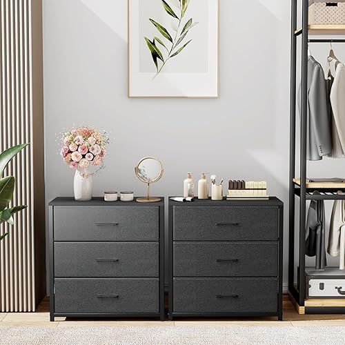 Miniatura 9 de Mesita de noche con 3 cajones para dormitorio, cómoda de almacenamiento con cajones de tela y marco de metal para armario, sala de estar, mesita de