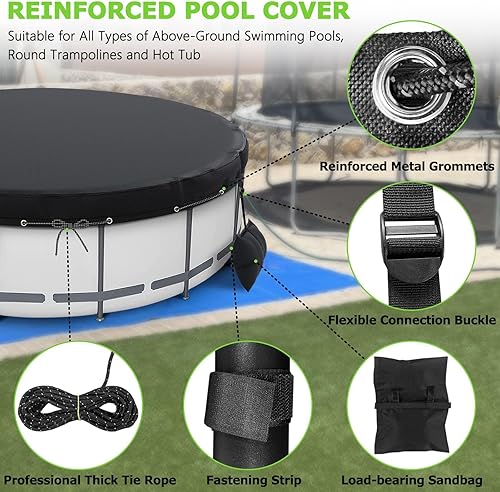 Miniatura 5 de Cubierta redonda de piscina de 12 pies, cubiertas solares para piscinas sobre el suelo, protector de cubierta de piscina con cuerdas de amarre y