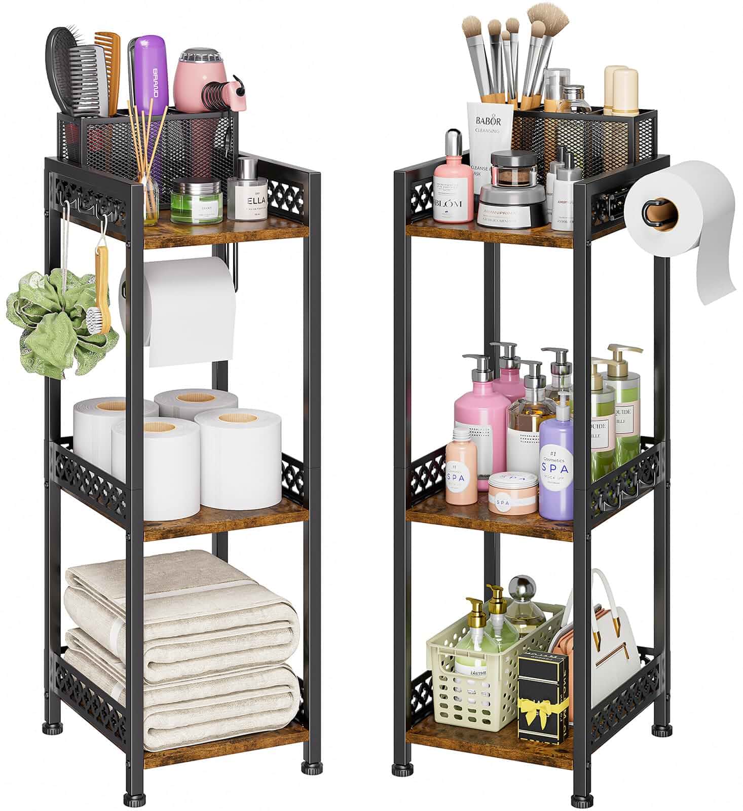 3 Tier Bathroom Organzier Storage Shelf Stand Toilet Paper Holder 9.8"W narrow metal frame, small wood kitchen rack, adjustable feet, with removable countertop organizer, for cosmetic vanity