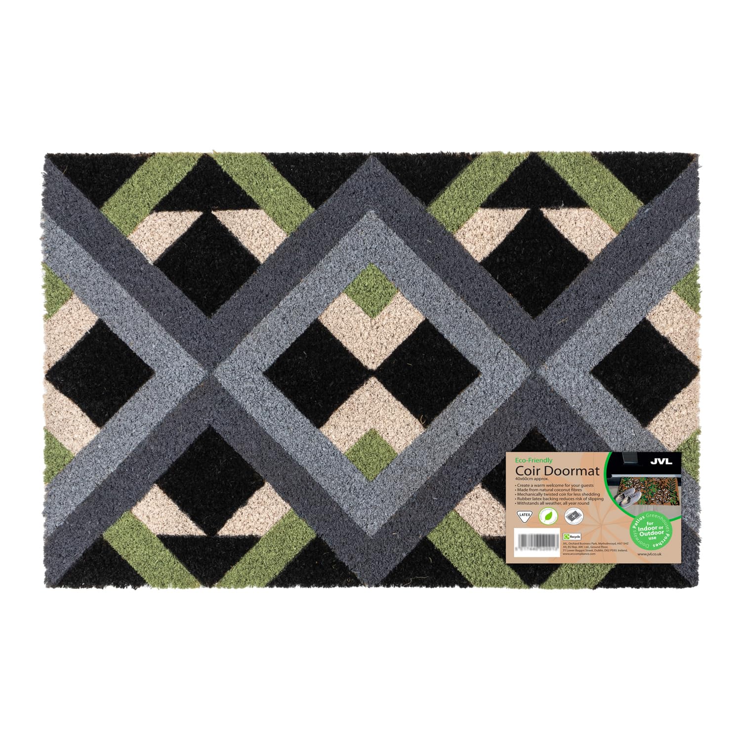 JVL Eco-Friendly Latex Backed Coir Entrance Doormat, 40x60cm - Geo