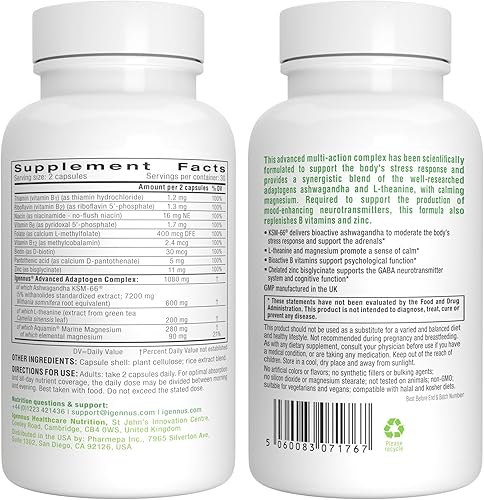 Miniatura 8 de Igennus Ashwagandha - Complejo de alivio del estrés de alta resistencia, L-teanina y magnesio y adaptógenos de extracto de raíz KSM-66, vitaminas B
