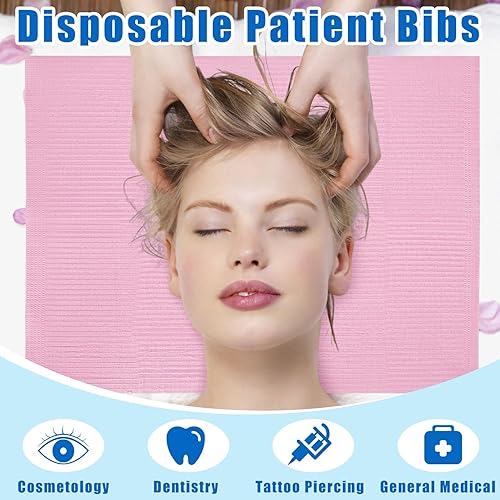 Miniatura 6 de 250 baberos dentales, baberos dentales desechables rosados, 3 capas impermeables para tatuajes, baberos suaves y resistentes a los fluidos para