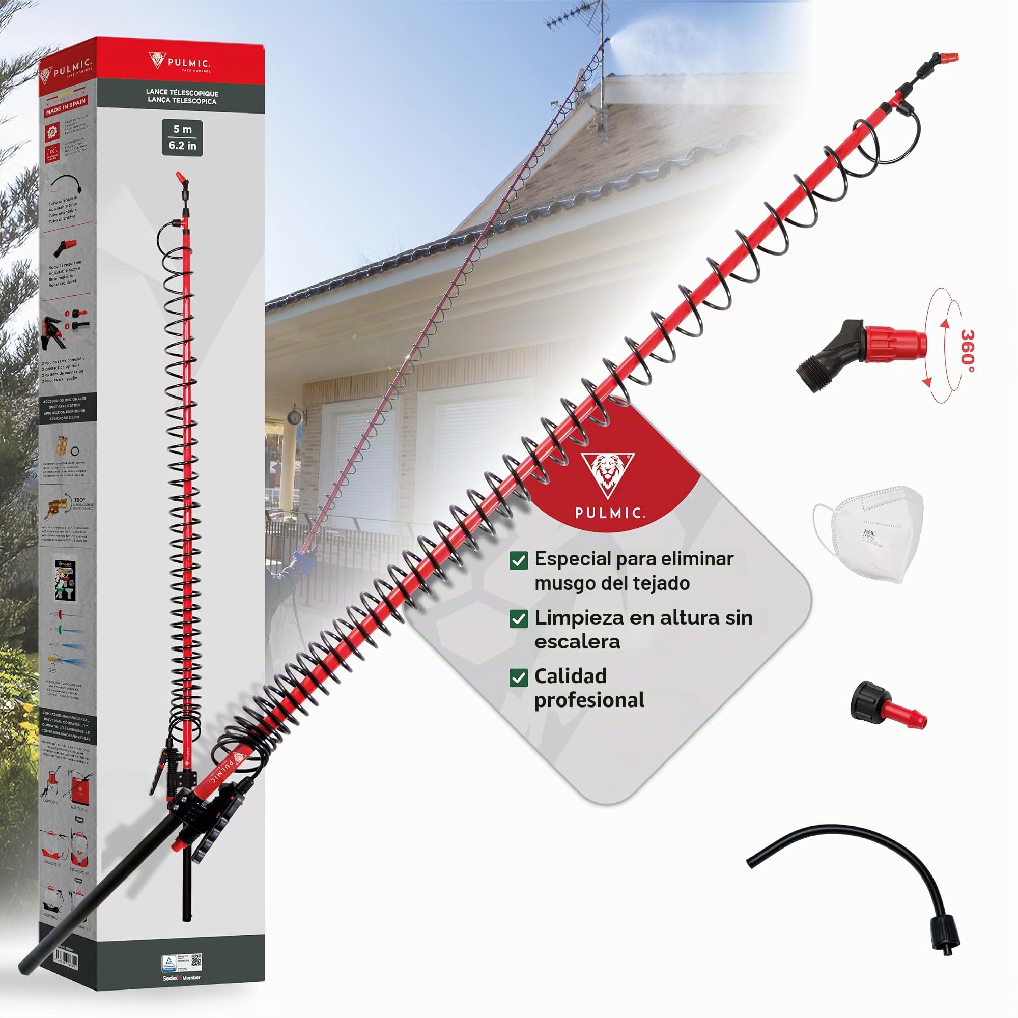Pulmic Kit Premium Pulverizador eléctrico 35L + Lanza telescópica 5m, 4 Bar, Manguera 6m, autonomía 7h. para Limpieza de techos, Jardines, Aplicaciones en Altura, Palo ergonómico y Ultraligero