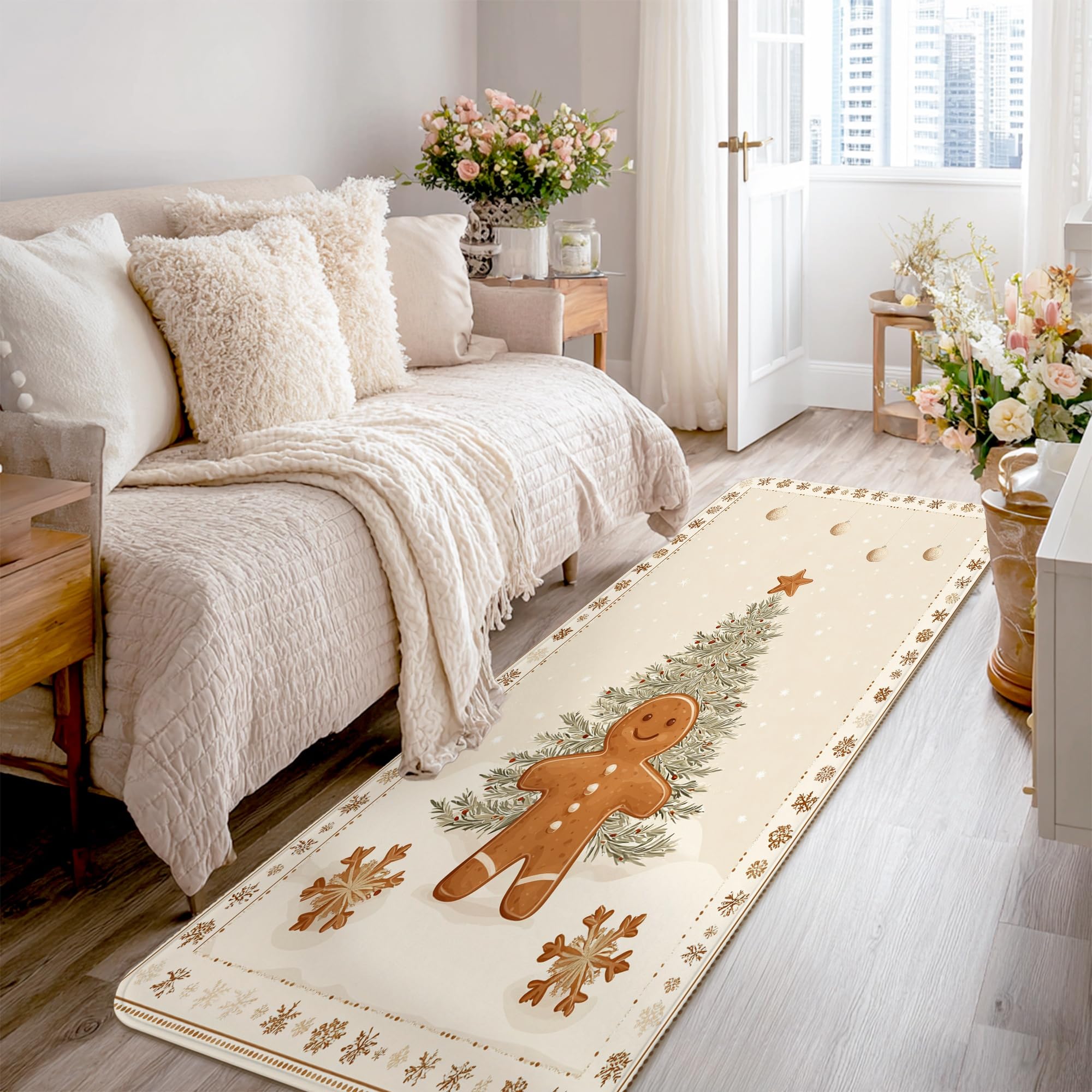 Gingerbread Man Runner Rug, Christmas Festive Christmas Tree Snowflake Brown Non-Slip Soft Rectangle Carpet Stain Resistant for Kitchen Doorway Entryway Bedside Decor 2x8 Ft